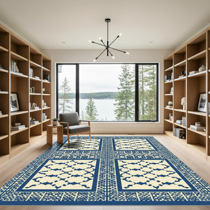 Blue Ivory Geometric Quatrefoil Panels Rug