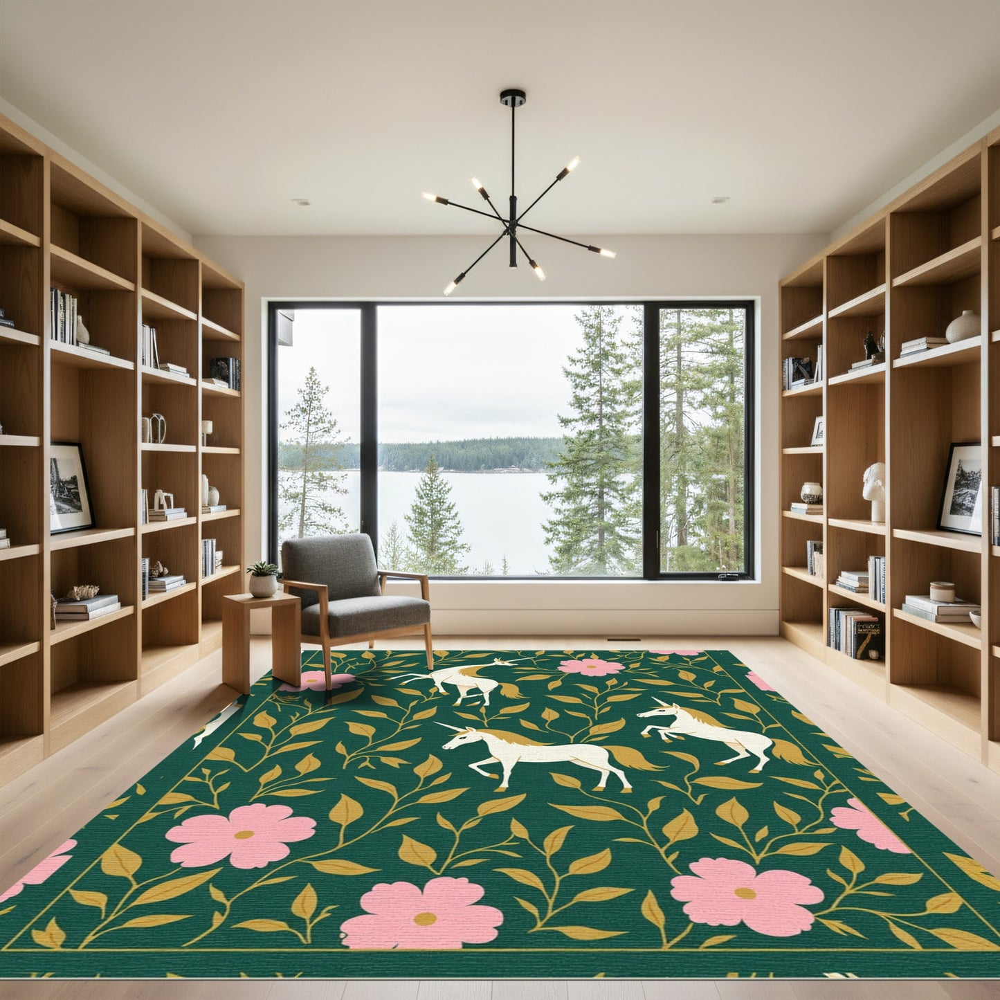 Enchanted Emerald Garden Unicorn Bloom Rug