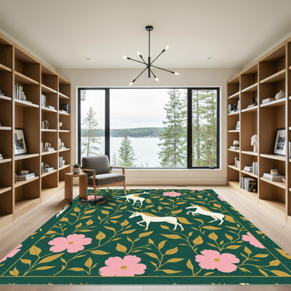 Enchanted Emerald Garden Unicorn Bloom Rug