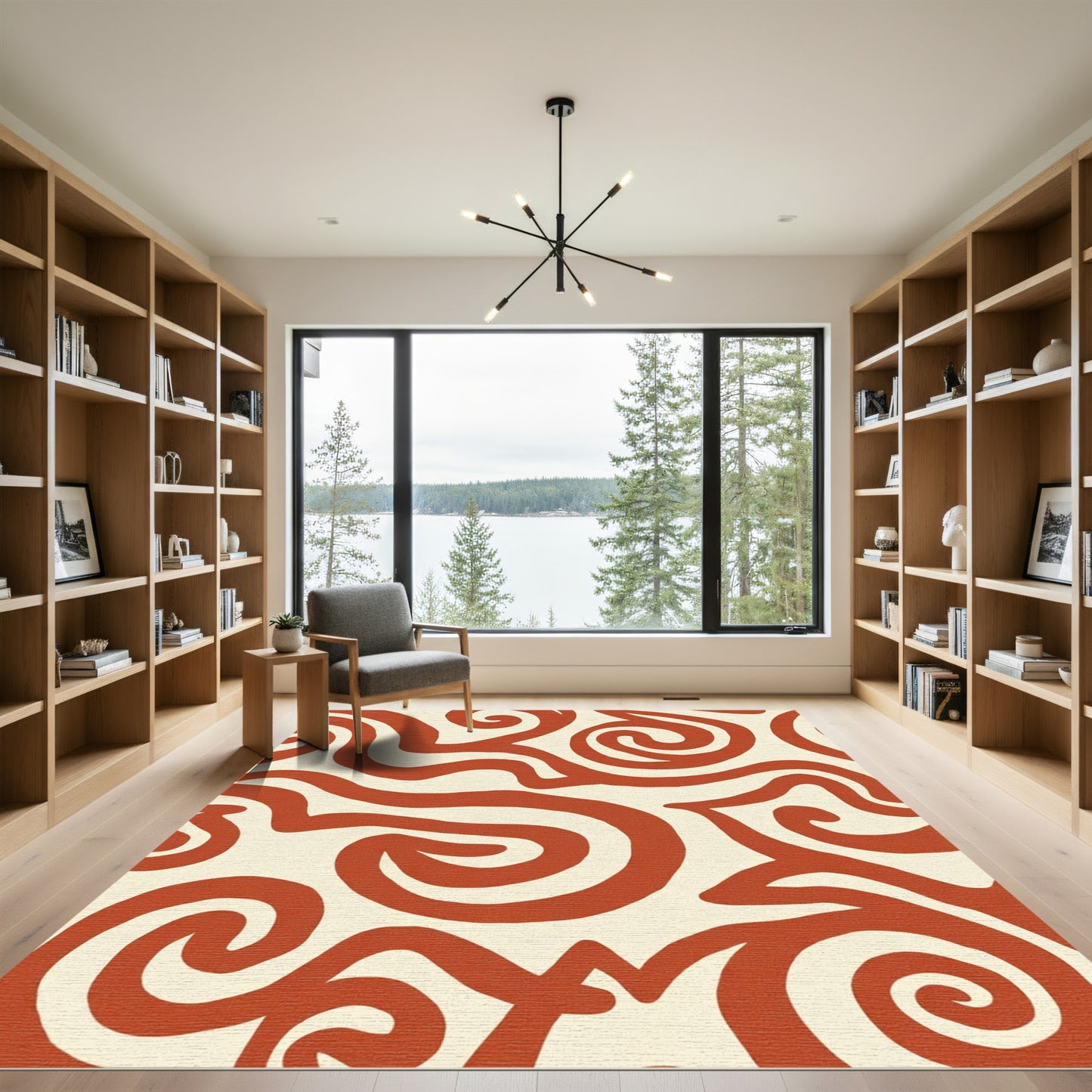 Terracotta Swirl Cream Abstract Lines Rug