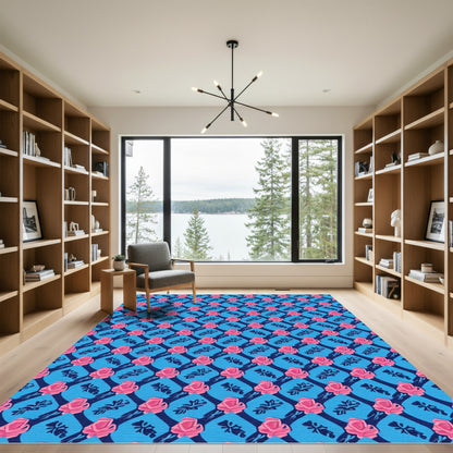 Pink Rose Lattice Blue Background Rug