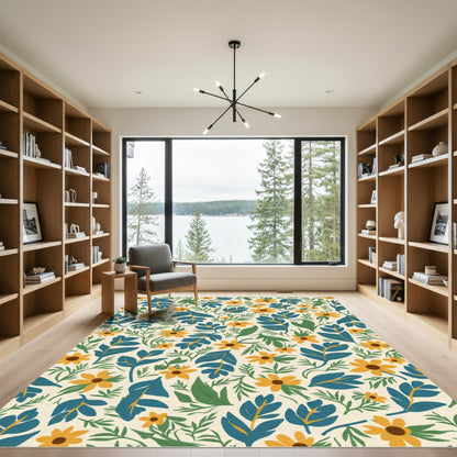 Yellow Daisy Botanical Leaf Arrangement Rug