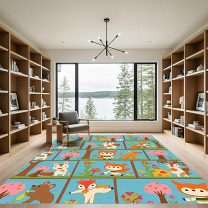 Whimsical Woodland Creatures Cartoon Collection Rug