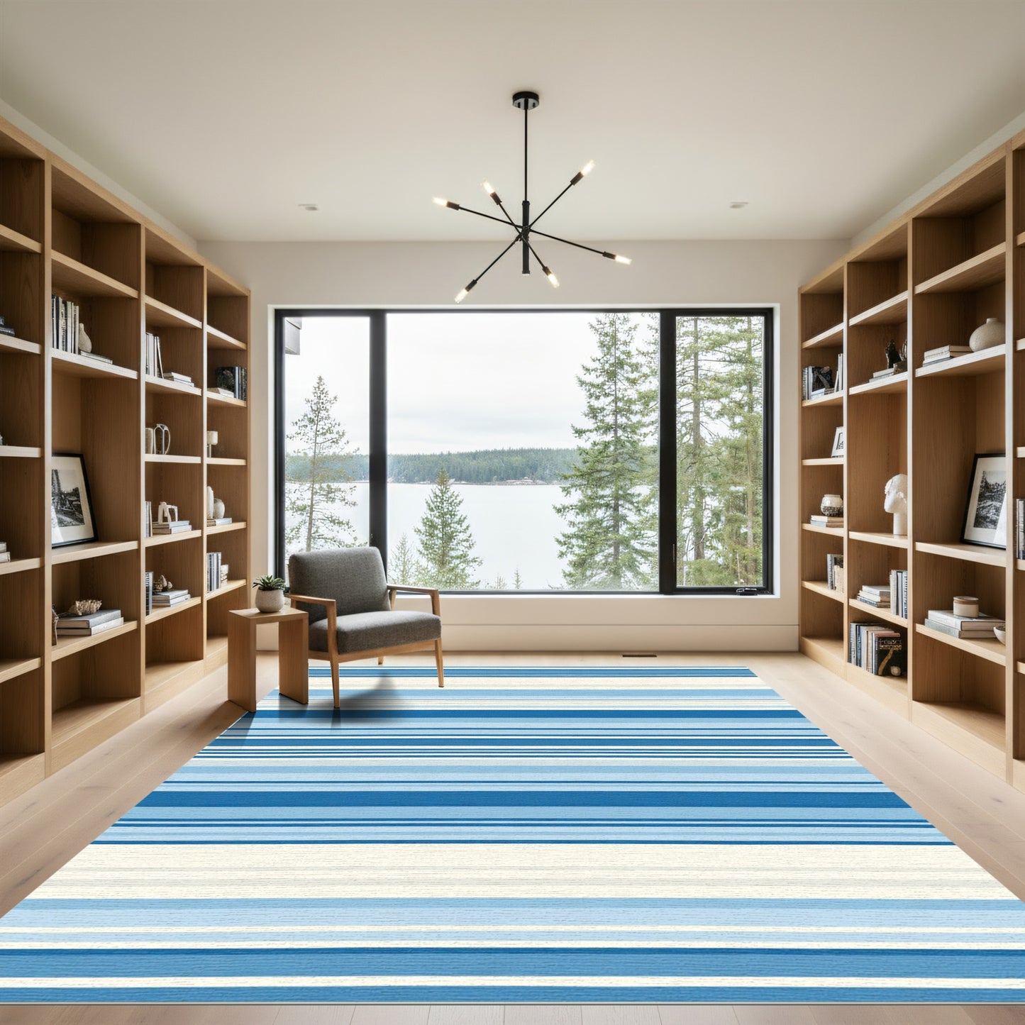 Bright Blue and White Linear Stripe Rug