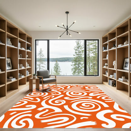 Orange and White Swirl Brushstroke Rug