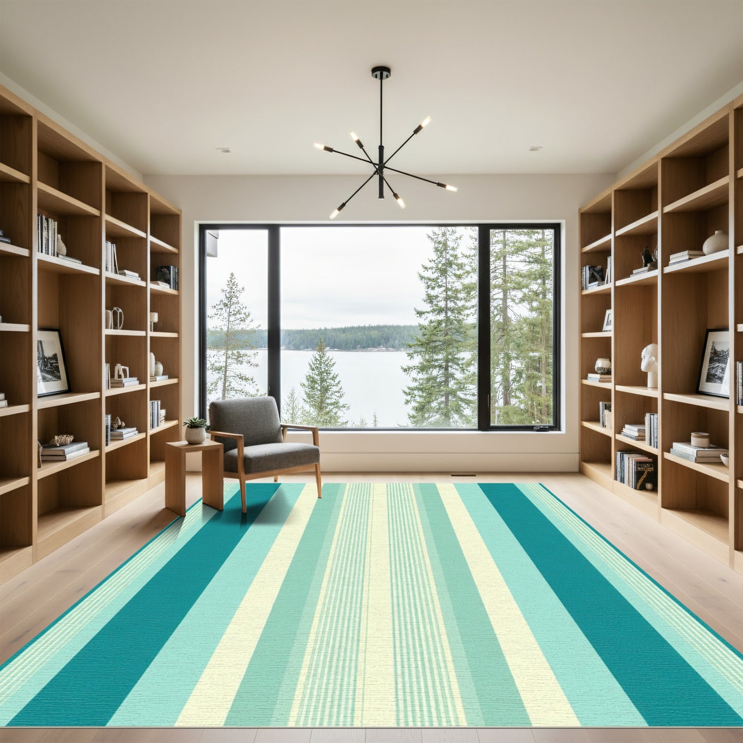 Teal Aqua Cream Vertical Stripes Rug