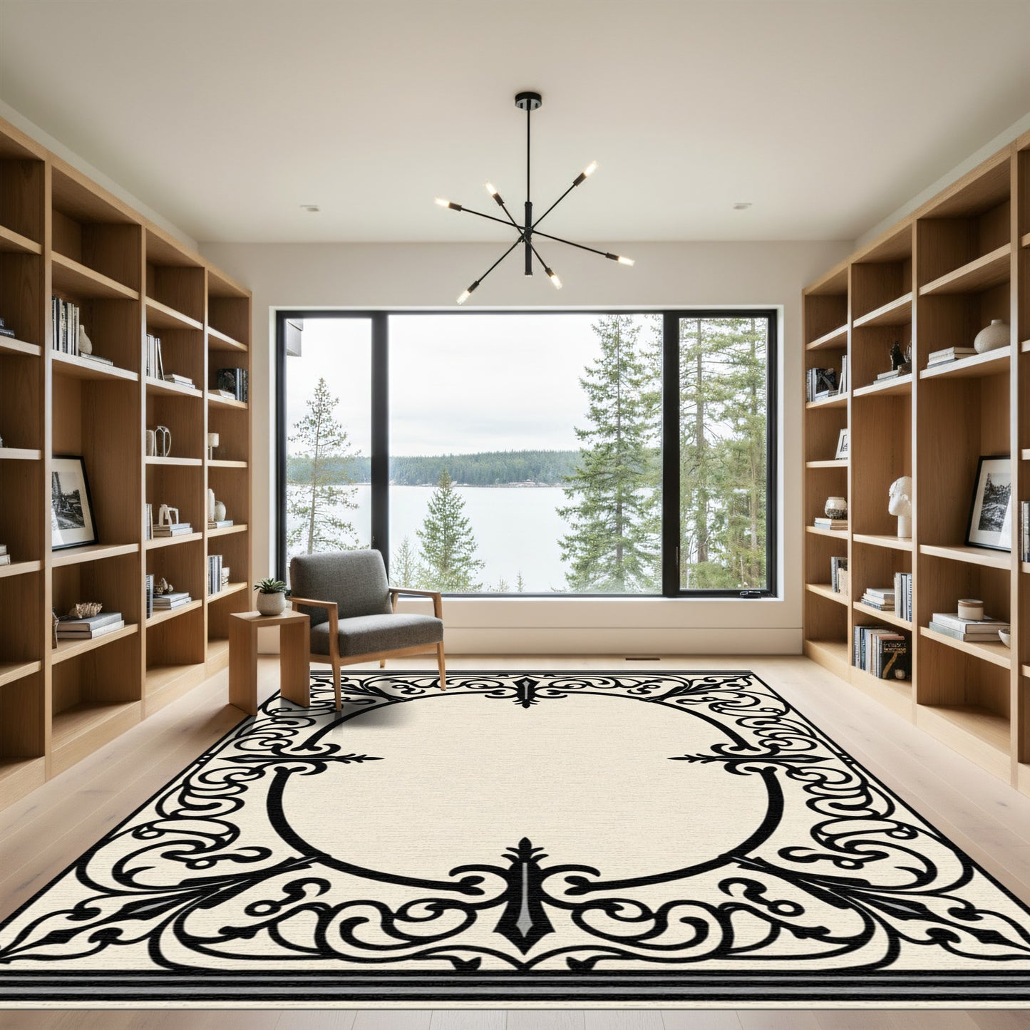 Ornate Black Oval Floral Border Rug