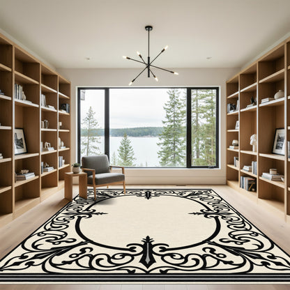 Ornate Black Oval Floral Border Rug