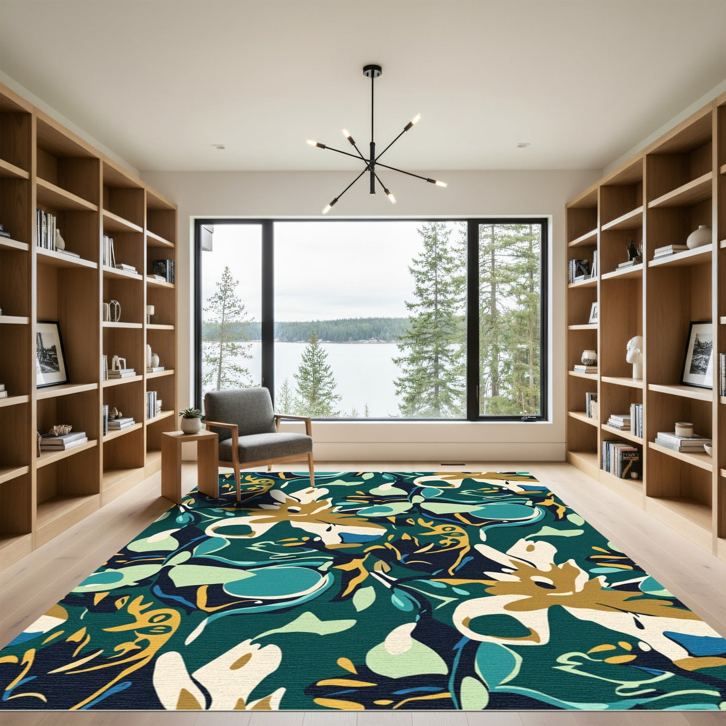 Abstract Teal and Gold Floral Grove Rug