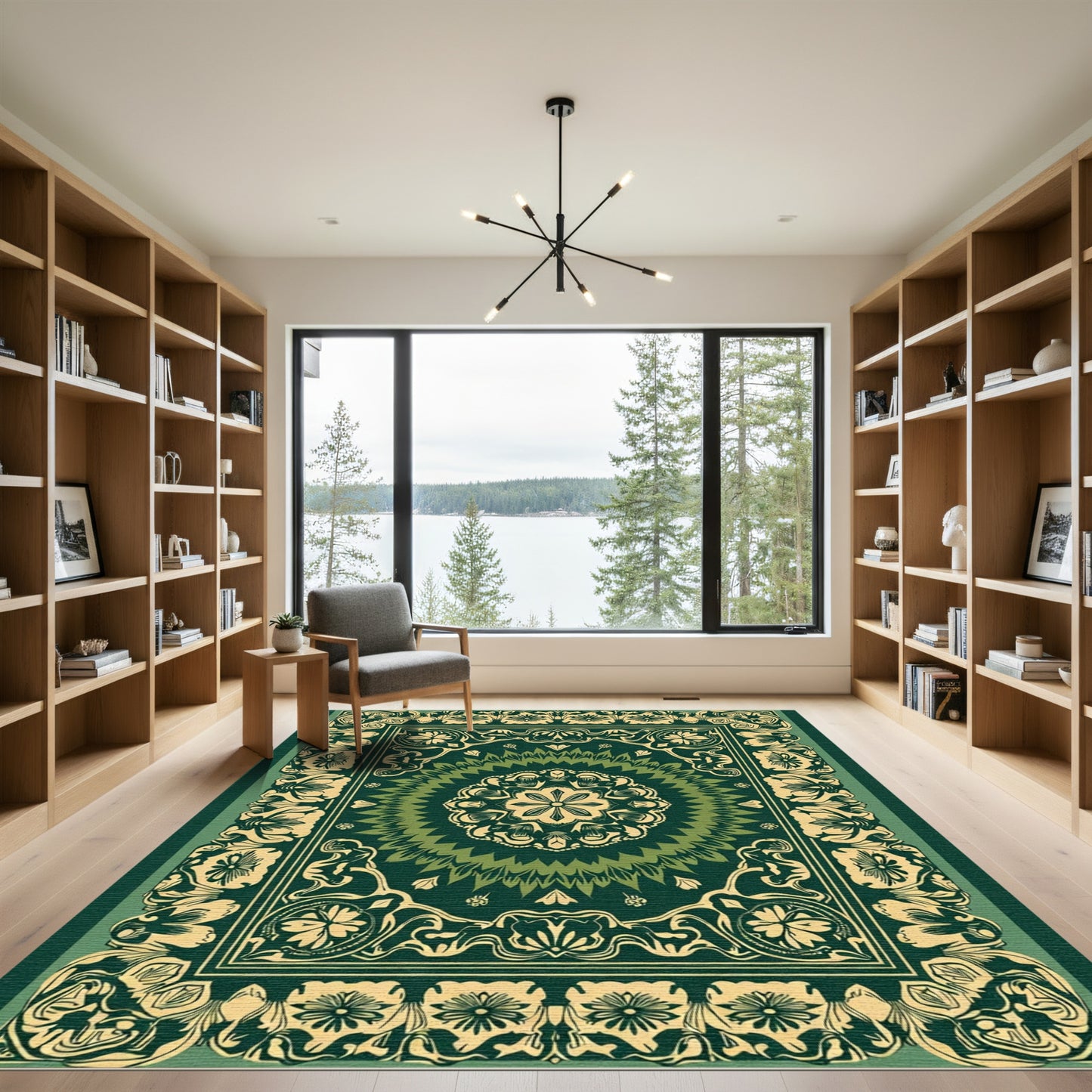 Green Floral Medallion Border Rug