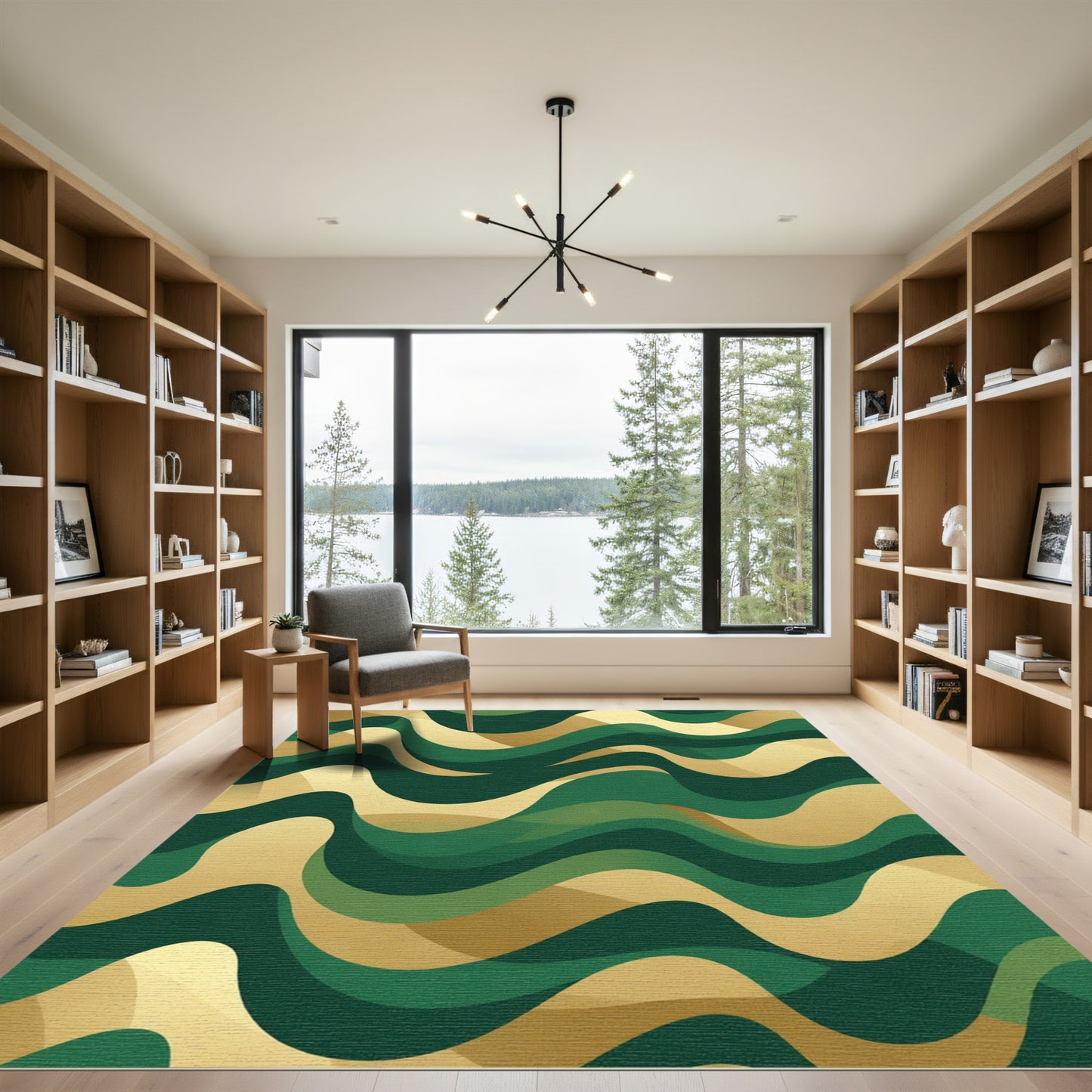 Emerald Gold Swirling Waves Rug