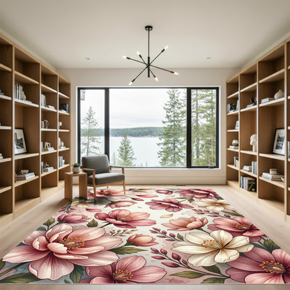 Soft Pink Blossom Botanical Illustration Rug