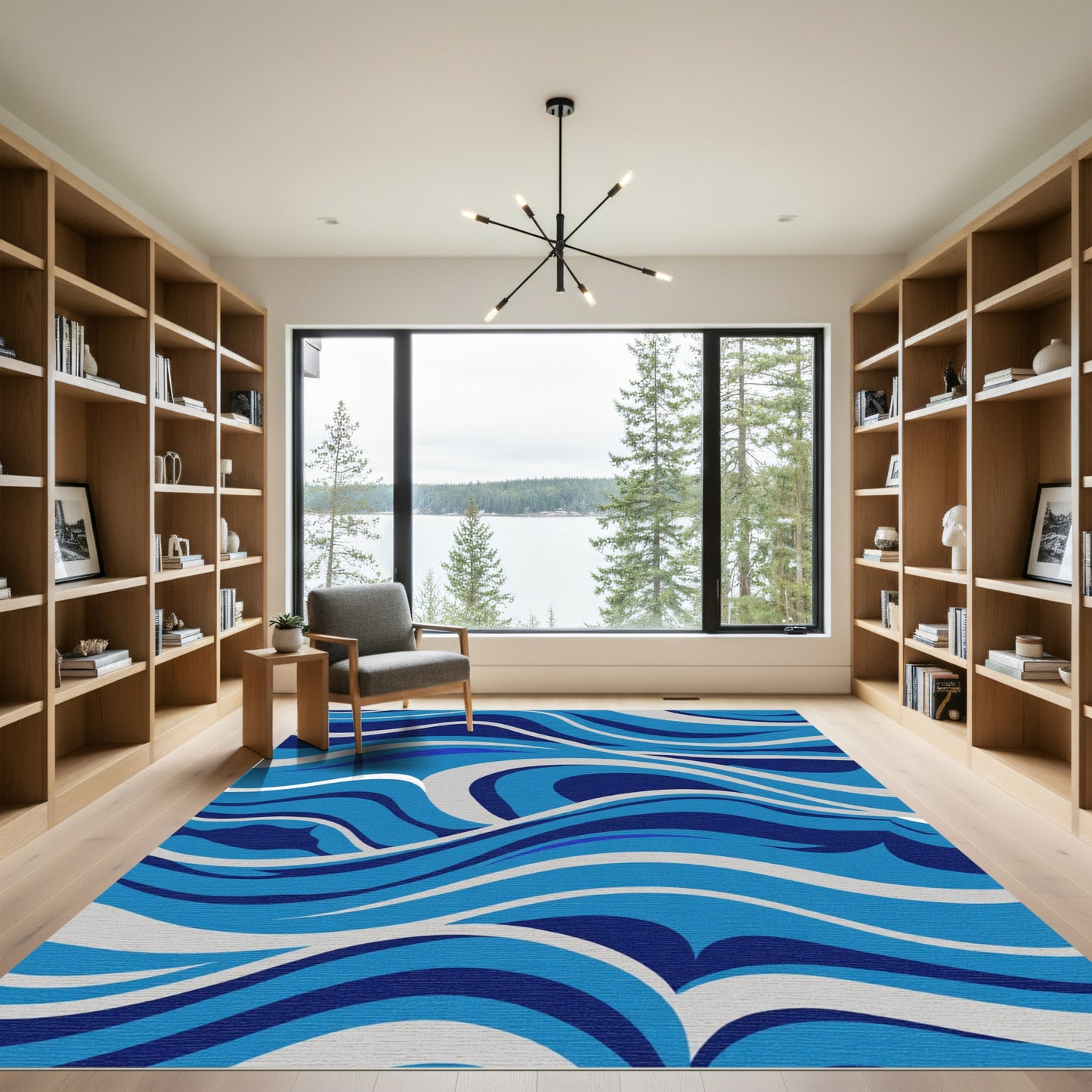 Deep Blue Swirling Wave Composition Rug