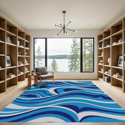Deep Blue Swirling Wave Composition Rug