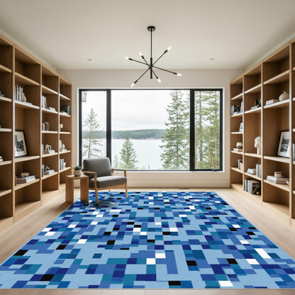 Ocean Blue Pixelated Squares Rug