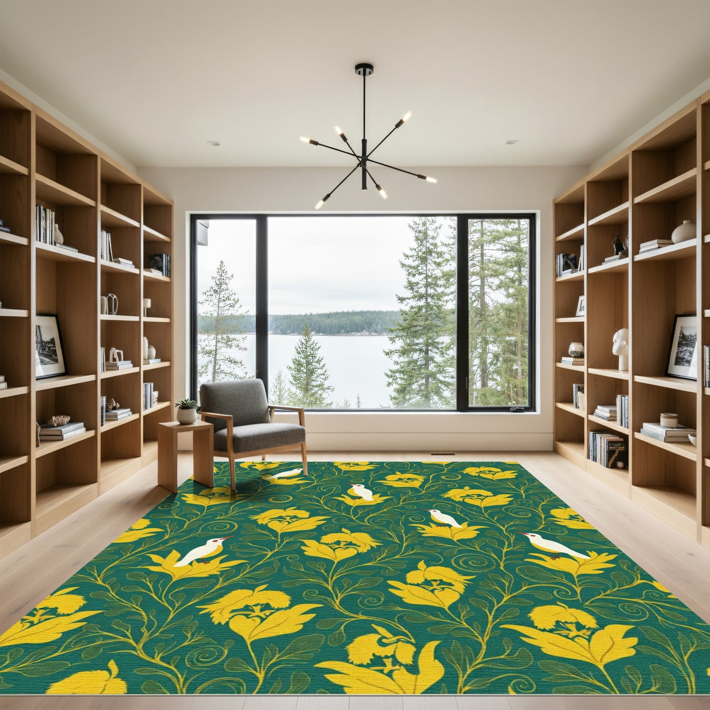 Emerald And Gold Floral Bird Garden Rug