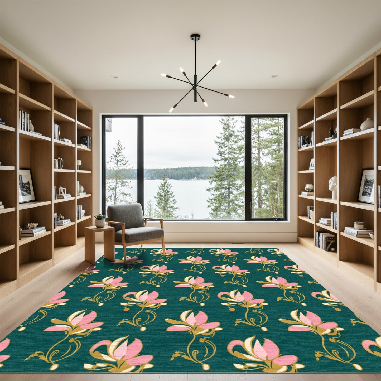 Pink Golden Floral Swirl Rug