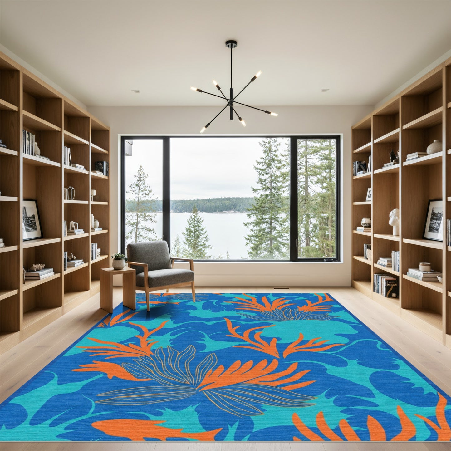 Vibrant Orange Coral Ocean Waves Rug