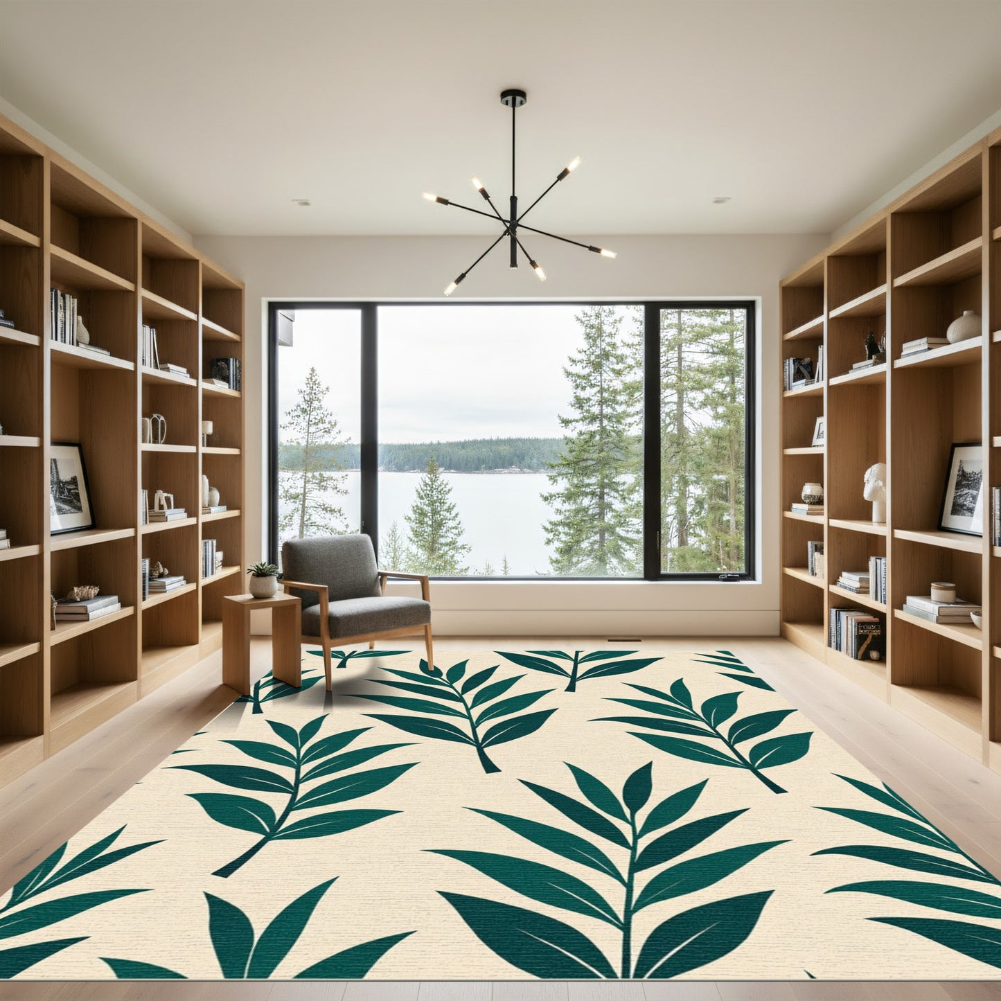 Deep Teal Leaf Mid Century Modern Rug