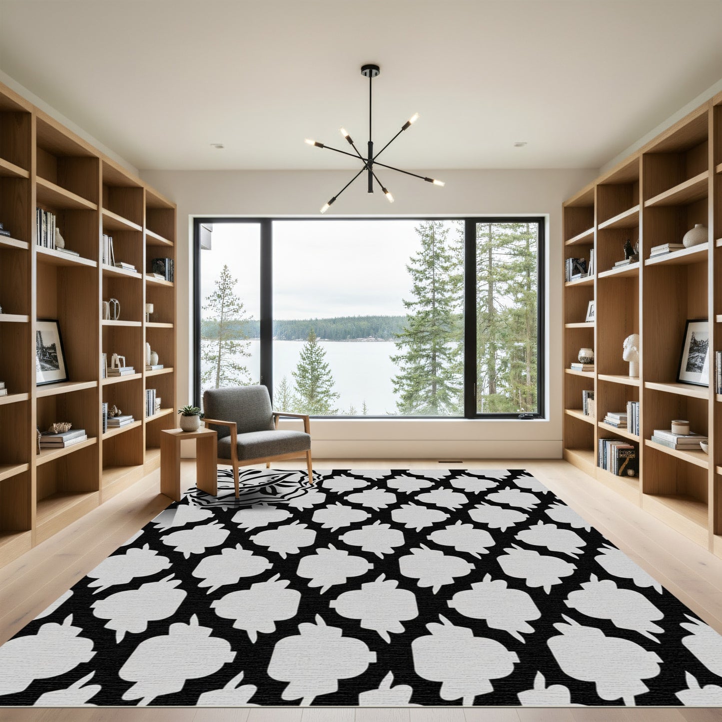 Monochromatic Black White Mandala Geometric Rug