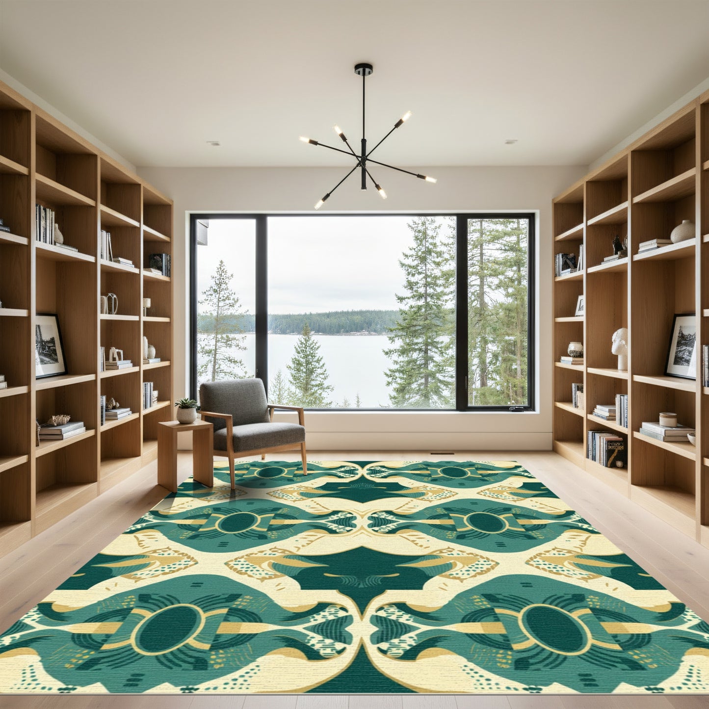 Teal Gold Oval Geometric Mosaic Rug