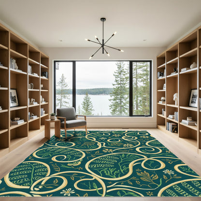 Teal and Gold Floral Scroll Rug