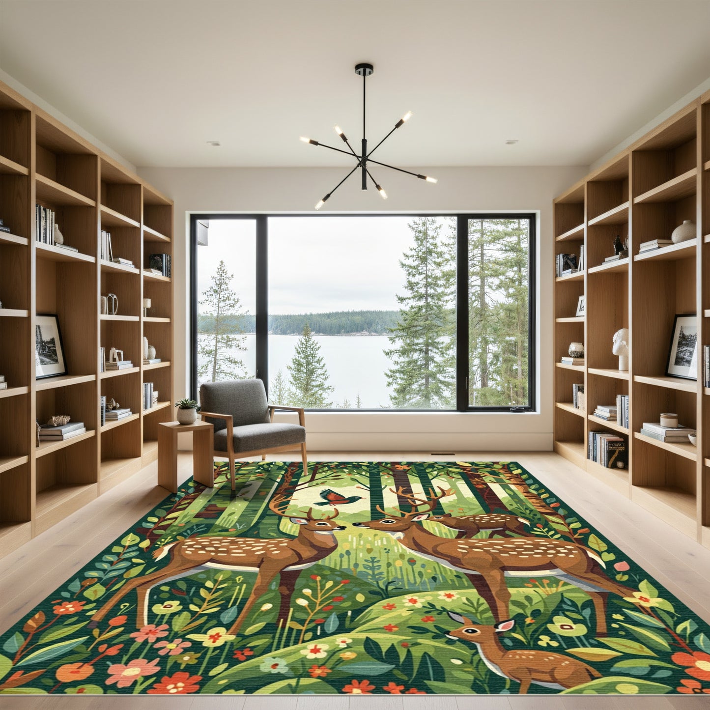 Whimsical Forest Deer and Bird Scene Rug