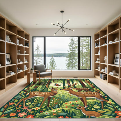 Whimsical Forest Deer and Bird Scene Rug