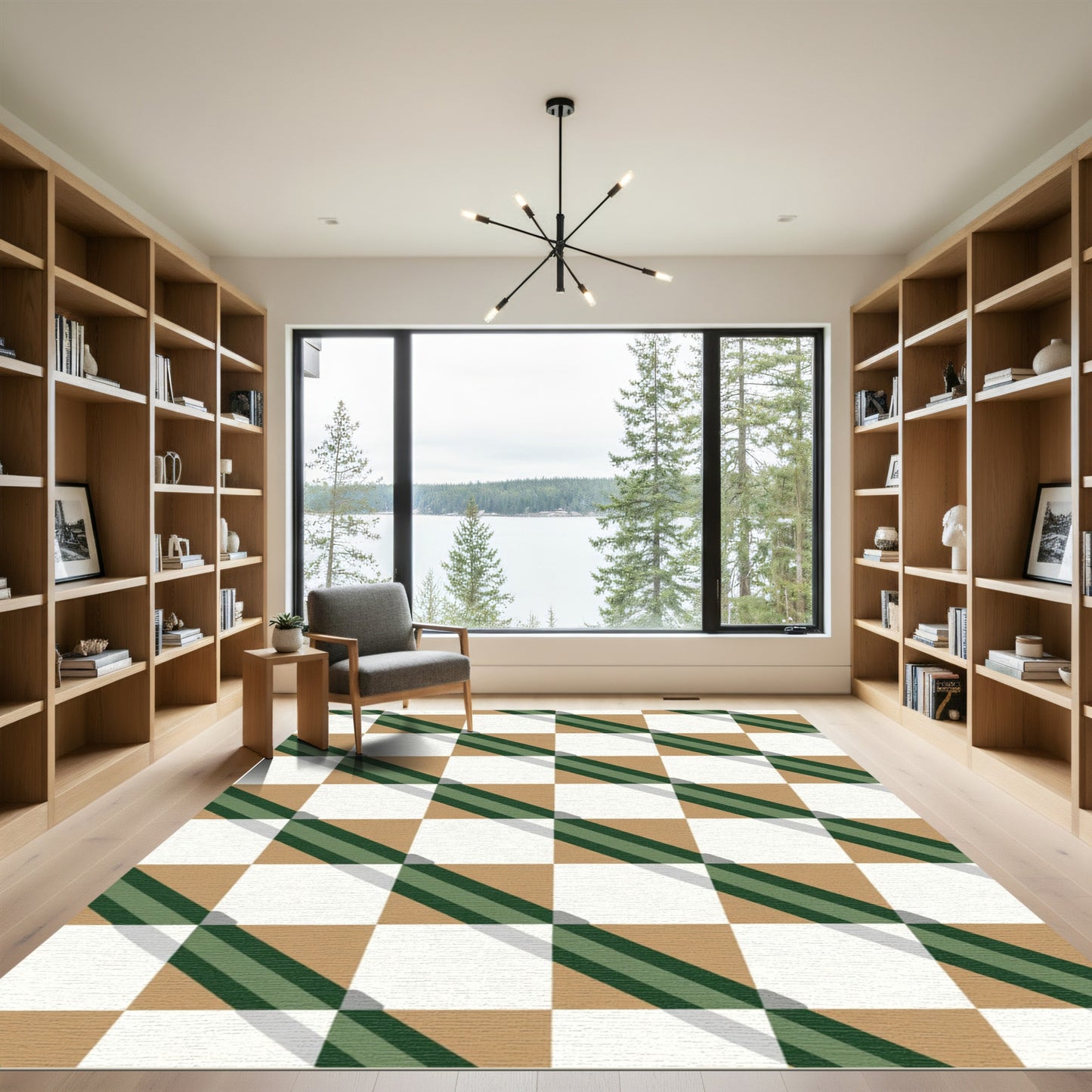 Green White Tan Diagonal Checkered Rug
