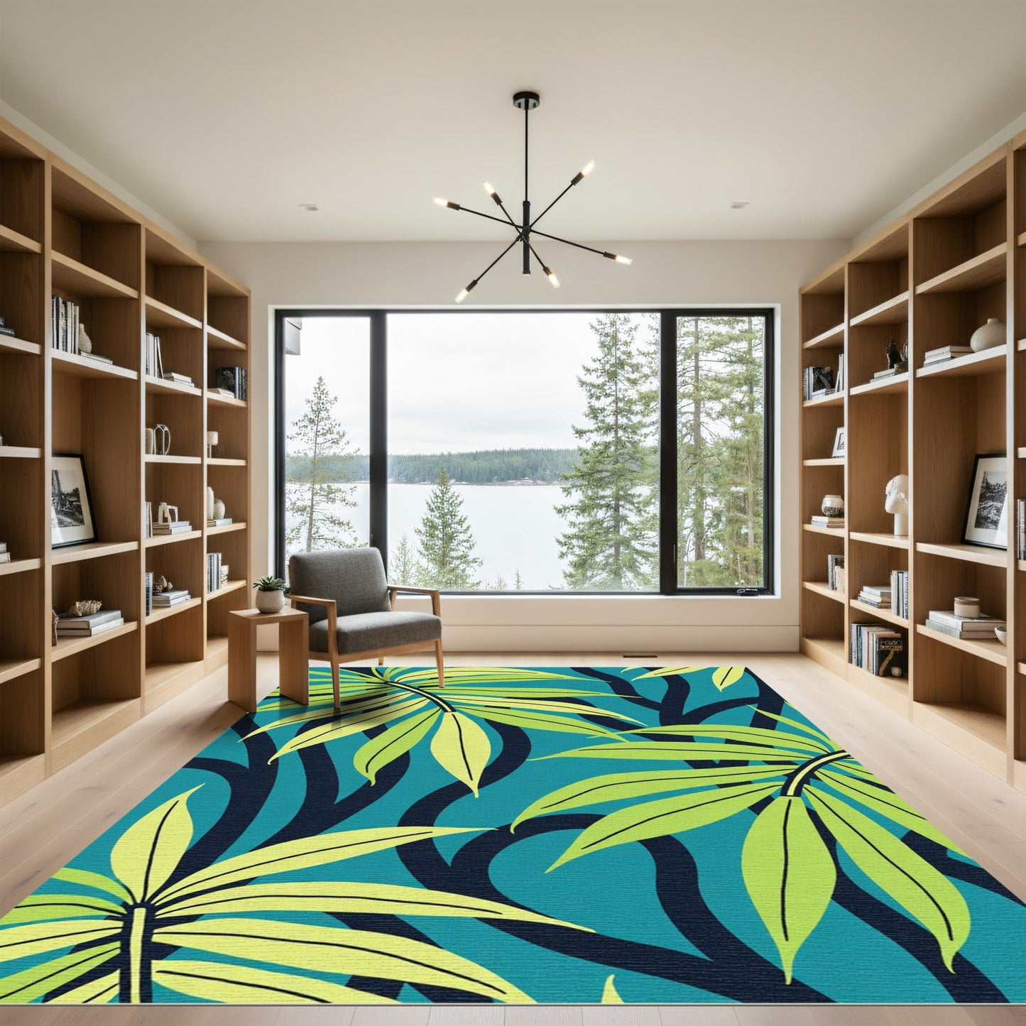Tropical Green Leaf Teal Background Rug