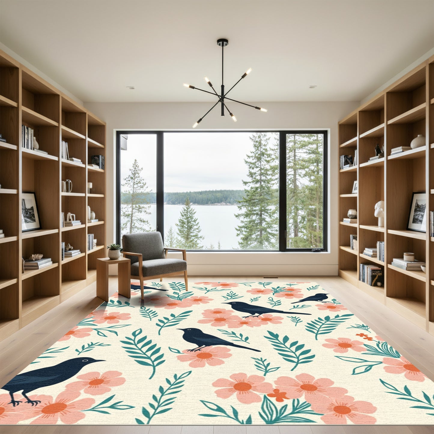 Delicate Black Birds Coral Flowers Rug