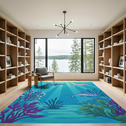 Playful Blue Pink Purple Dolphins Ocean Rug