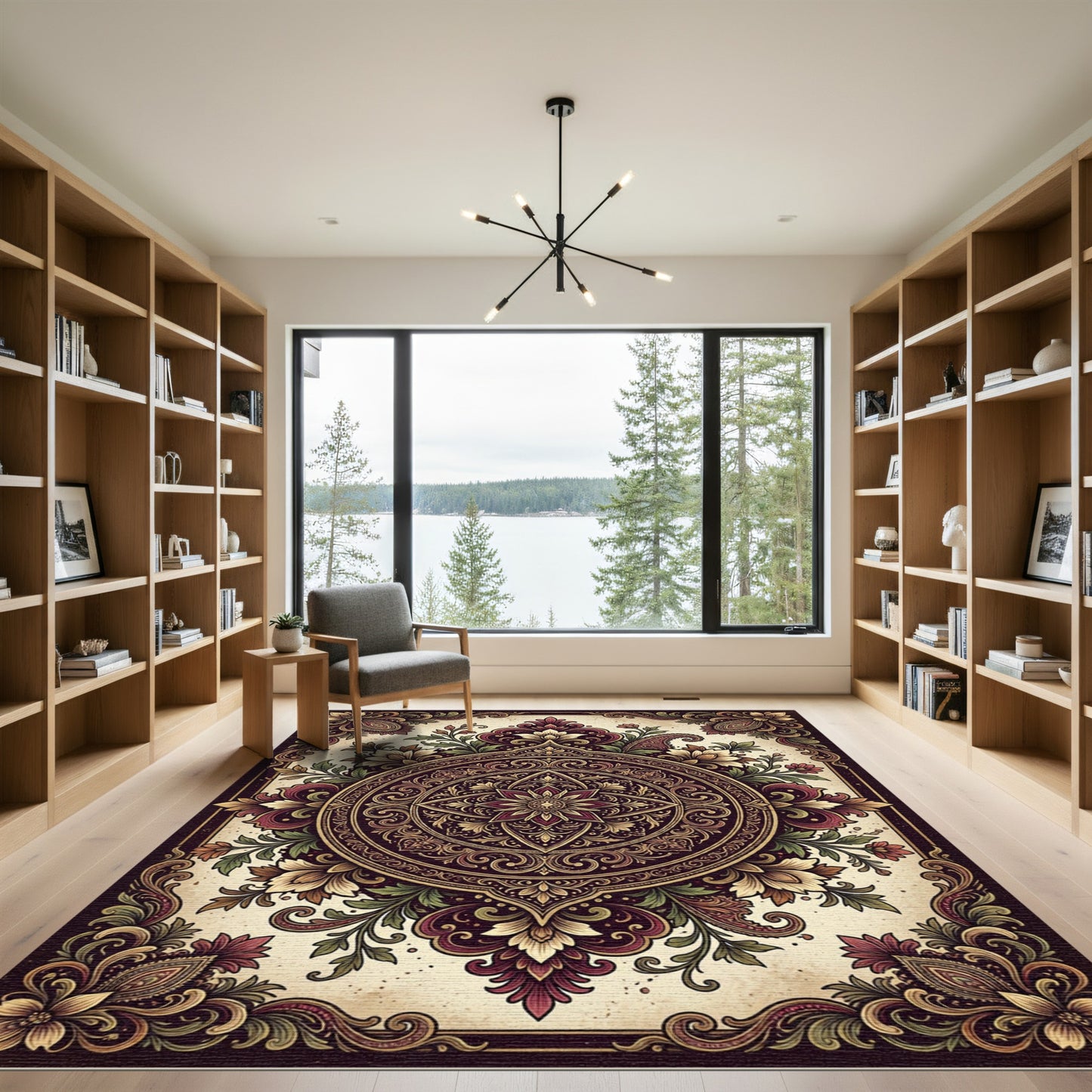Rich Crimson Floral Medallion Layout Rug