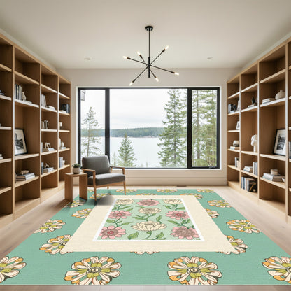 Retro Teal Cream Floral Arrangement Rug