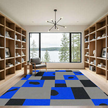 Modern Abstract Blue and Gray Squares Rug