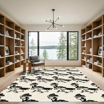Whimsical Black Bird Motif Cream Rug