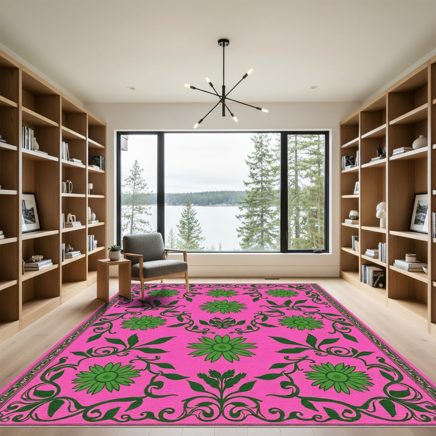 Hot Pink Green Floral Vine Art Rug