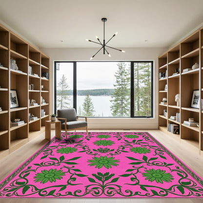 Hot Pink Green Floral Vine Art Rug
