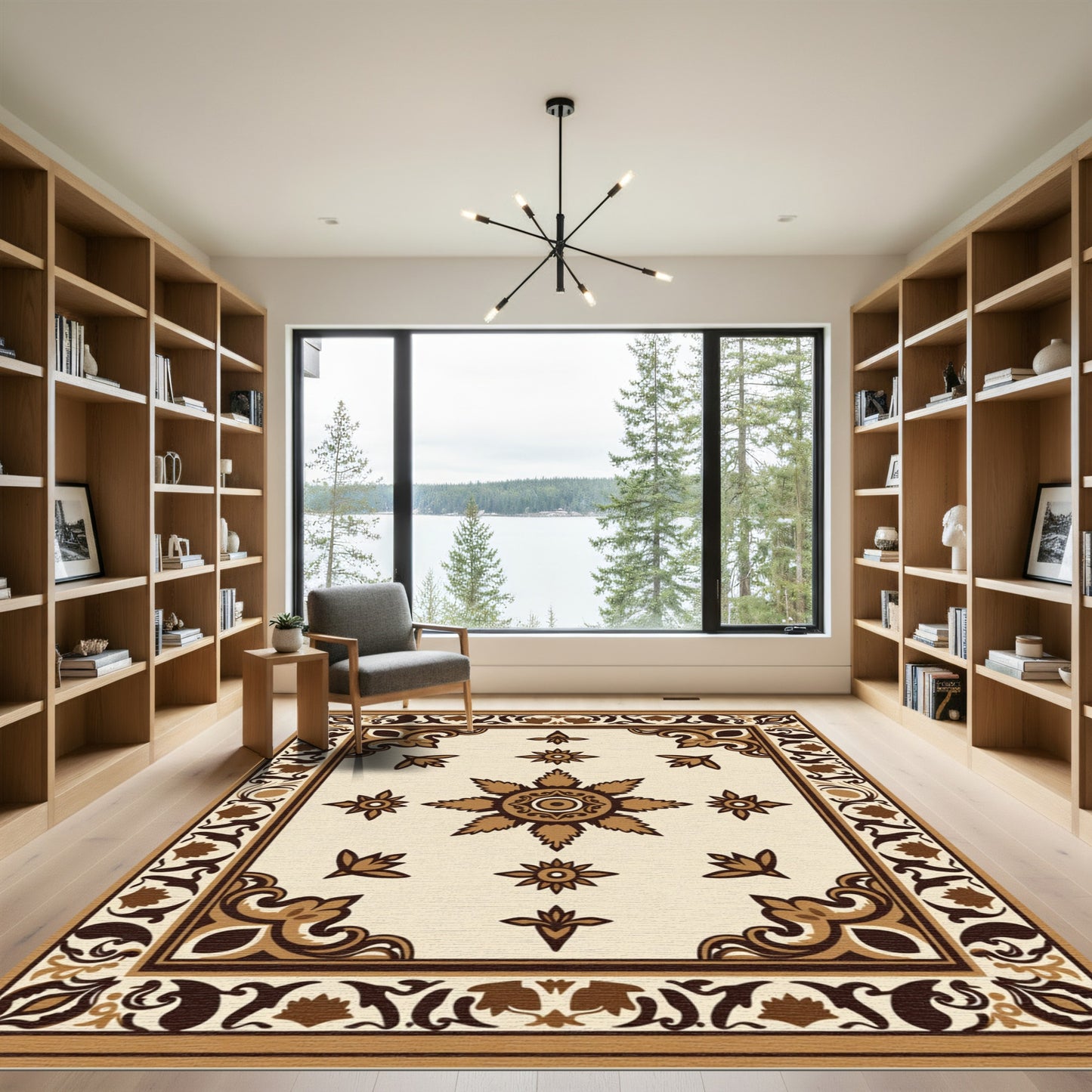 Cream Brown Floral Medallion Border Rug