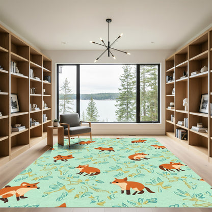 Cute Orange Fox Meadow Pattern Rug