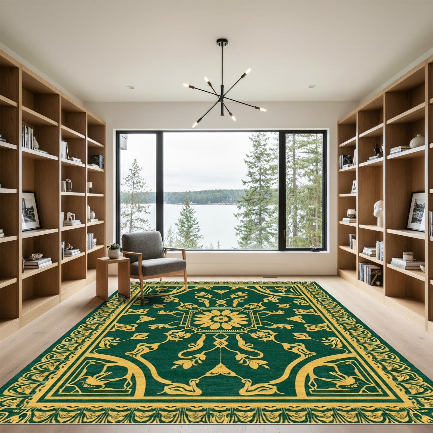 Deep Emerald Gold Stylized Botanical Medallion Rug