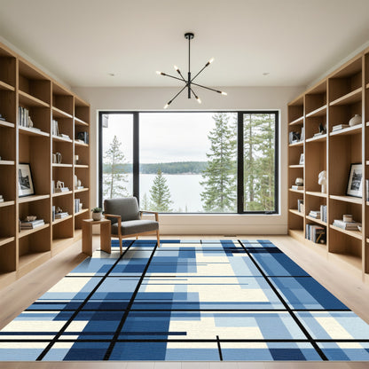 Blue Geometric Overlap Grid Rug