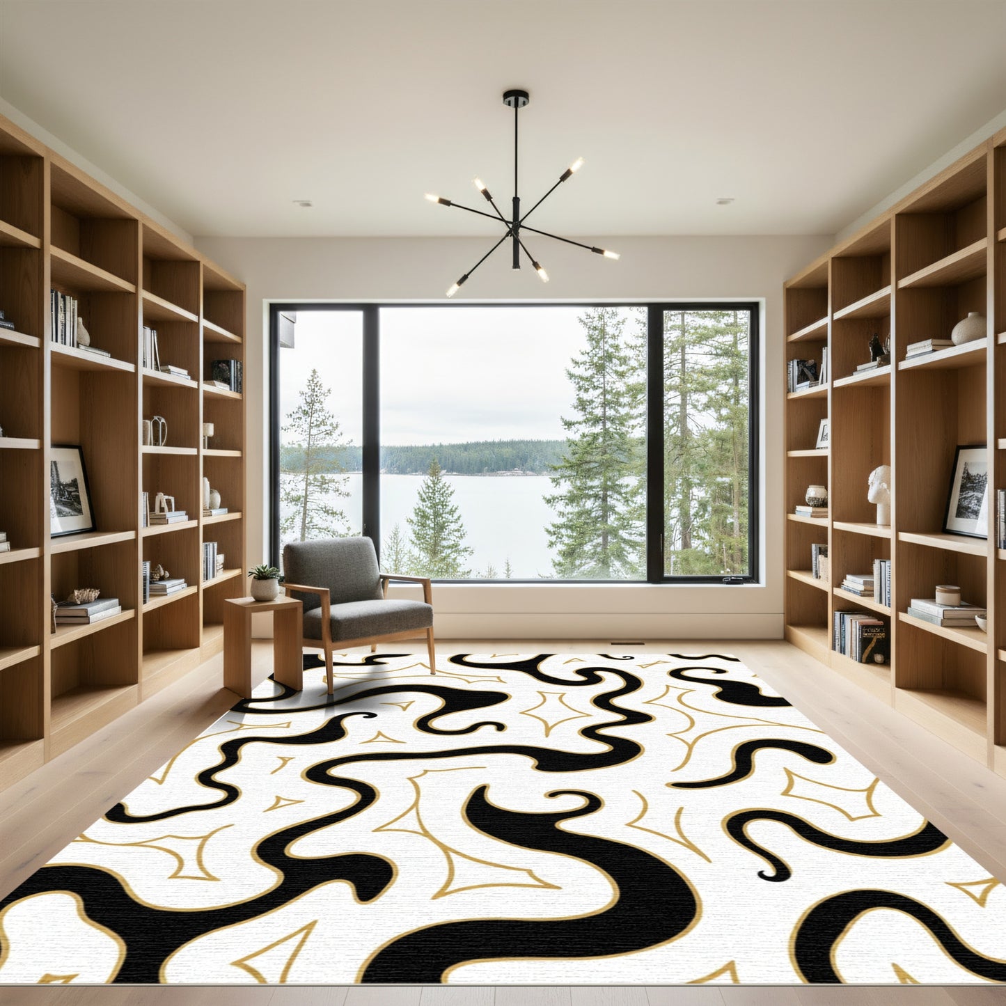 Black Gold Abstract Swirls Rug