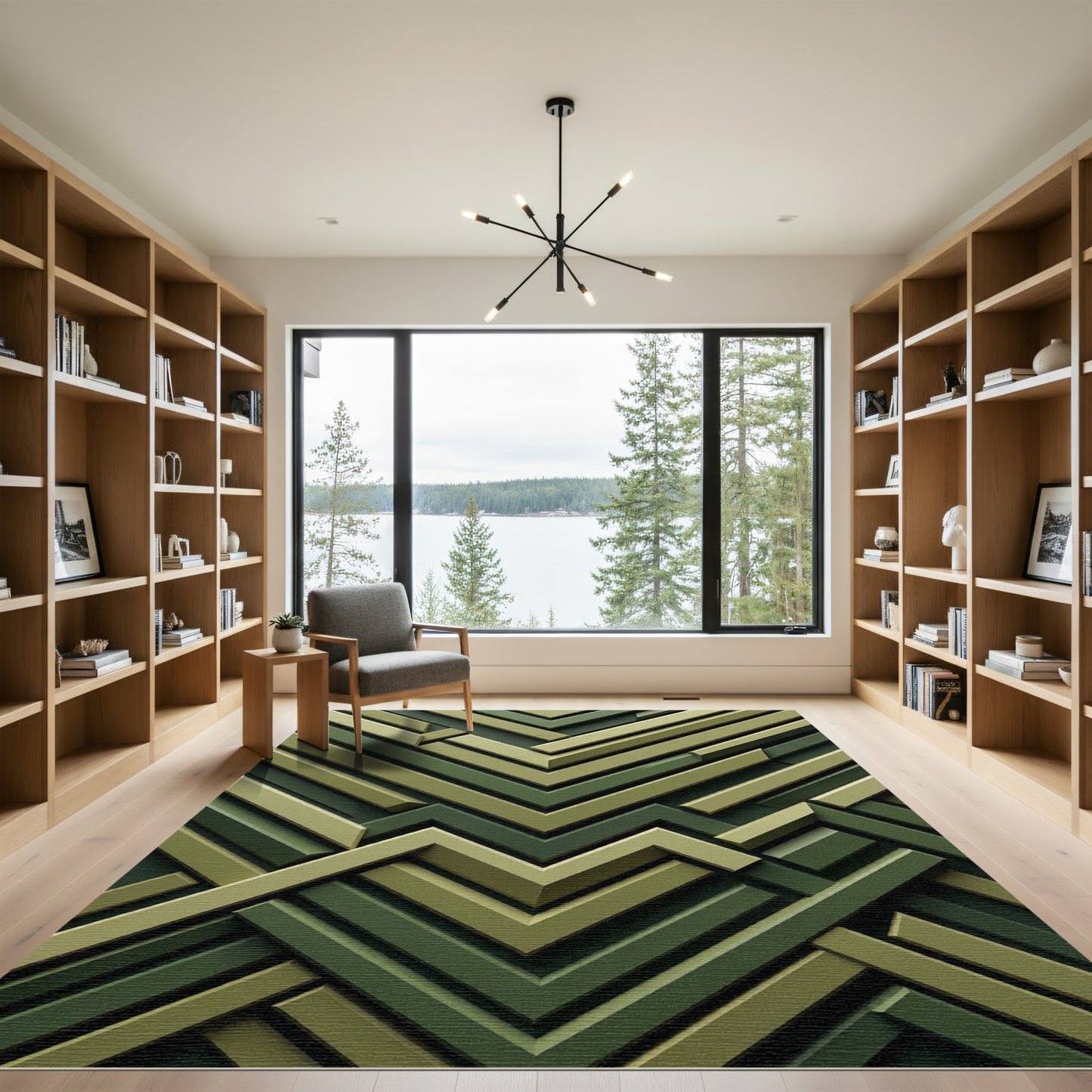 Deep Forest Geometric Chevron Rug