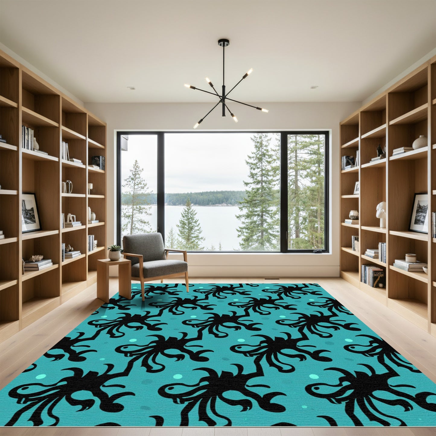 Teal Black Tentacle Aquatic Creature Rug