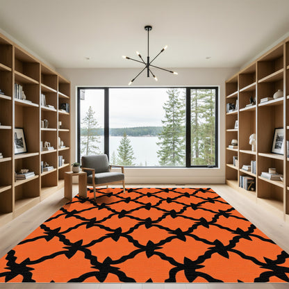Orange Black Lattice Interlocking Curves Rug