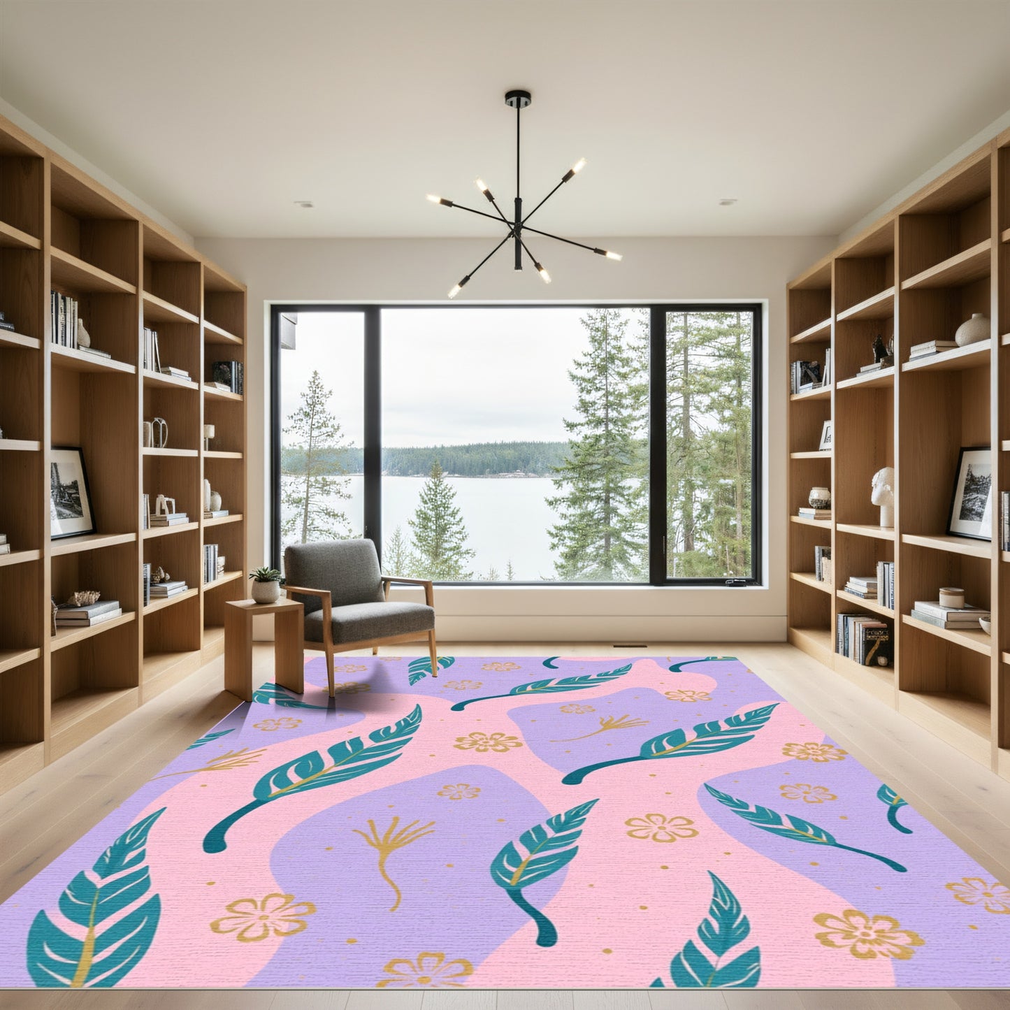 Lavender Teal Gold Floral Abstract Waves Rug