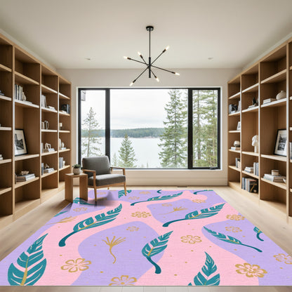 Lavender Teal Gold Floral Abstract Waves Rug