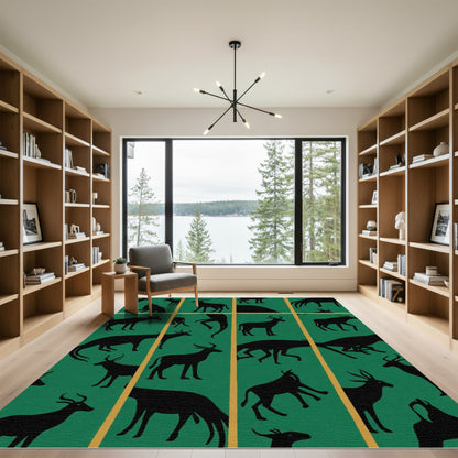Black Stag Silhouette Emerald Grid Rug