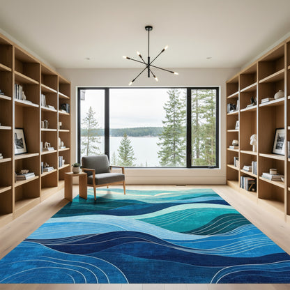 Layered Teal Blue Waves Rug